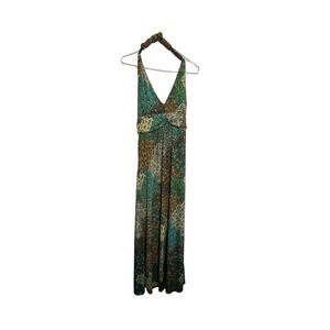 Christina Love Halter Feather Peacock multi color Maxi dress size L Boho Beach